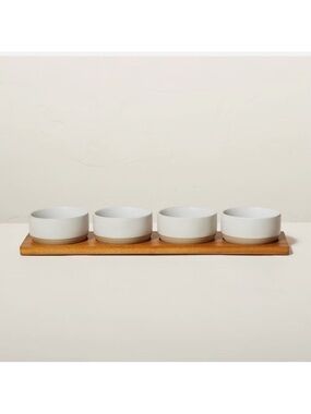 Hearth & Hand Magnolia Wood Paddle Serving Board w/ 4 Speckled Stoneware Bowls